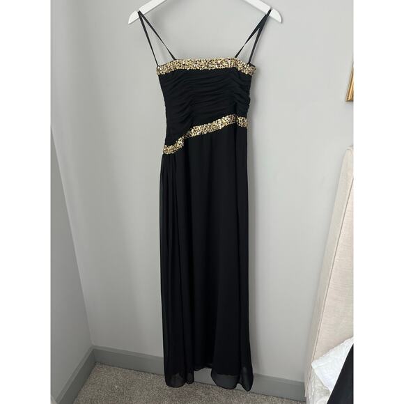 Formal Dress Prom Hoco Homecoming Black Gold Sequins Strapless Long Size 6 - Picture 2 of 11
